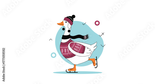 A cheerful cartoon duck, dressed in a festive hat, scarf, and snowflake sweater, gracefully glides on ice skates with a playful spirit.