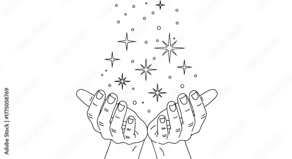Fototapeta premium Outline drawing of two cupped hands releasing a magical upward stream of sparkling stars and light particles on a white background.