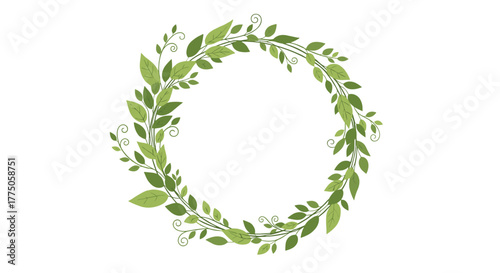 A beautiful circular wreath crafted from an assortment of fresh green leaves and delicate tendrils, offering a natural and organic decorative border.