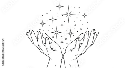 Hands cupped together holding up a celestial display of twinkling stars and sparkling particles, against a clean white background.
