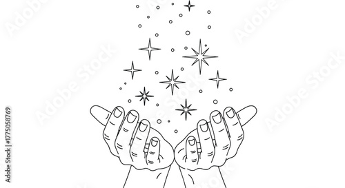 Outline drawing of two cupped hands releasing a magical upward stream of sparkling stars and light particles on a white background.