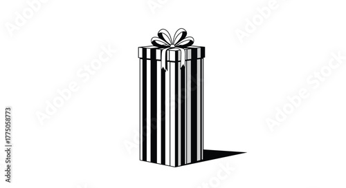 A tall, vertically striped gift box with a decorative bow on top, casting a shadow on a clean white background.