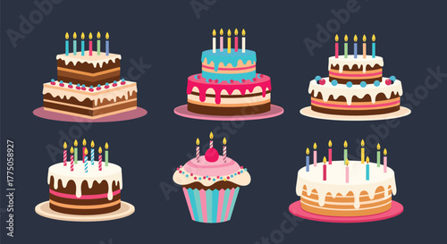 Set of delicious and colorful birthday cakes with lit candles, featuring different designs and frosting, ready for a party.