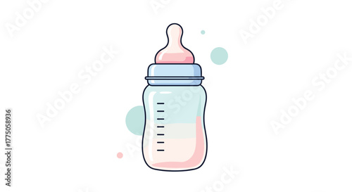 A sweet and simple vector illustration of a baby bottle with a pink nipple, light blue collar, and measurement markings, containing pink liquid.