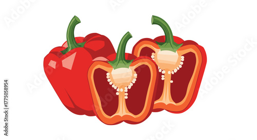 Vibrant red bell peppers, one whole and two sliced to reveal their fresh interiors and seeds, on a clean white background.