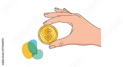 A stylized illustration depicts a human hand delicately holding a shining golden coin with a prominent dollar sign, symbolizing concepts of finance and wealth.
