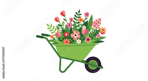 A vibrant green wheelbarrow overflowing with a beautiful assortment of colorful spring flowers and lush foliage, ready for gardening.