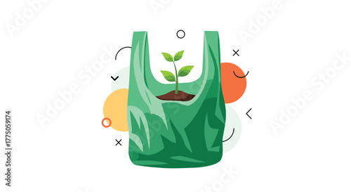 A young green plant sprouts from soil inside a green plastic shopping bag, symbolizing environmental growth and a transition to sustainability.