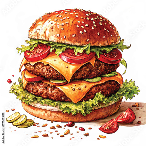 Delicious double cheeseburger with fresh toppings and sesame seed bun
