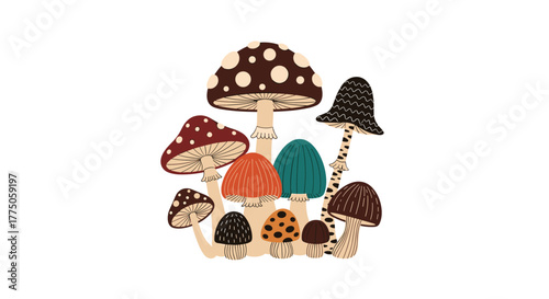 A vibrant and whimsical illustration depicting a cluster of various stylized mushrooms with unique caps and patterns, set against a white background.