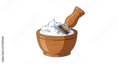 Illustration of a traditional wooden shaving bowl filled with creamy white lather and a classic shaving brush ready for grooming.