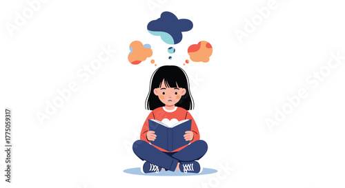 Little girl sitting cross-legged and reading a book, with colorful abstract thought bubbles floating above her head representing imagination or contemplation.