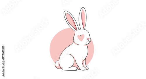 Cute white rabbit illustration with a pink heart on its nose, sitting calmly against a soft pink background.
