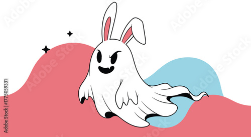 A cute but mischievous ghost bunny with long ears and fangs floats over a minimalist background with pink and blue wavy shapes.