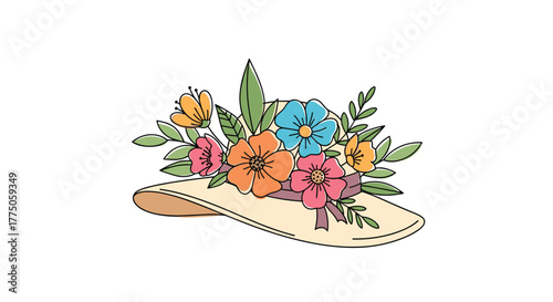 A colorful straw hat adorned with a vibrant arrangement of various flowers and green leaves, perfect for a spring or summer garden party.