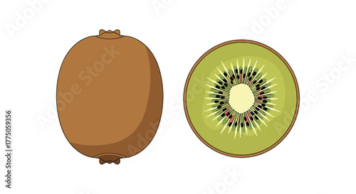 Illustration of a whole kiwi fruit alongside a perfectly sliced cross-section revealing its vibrant green flesh and tiny black seeds.