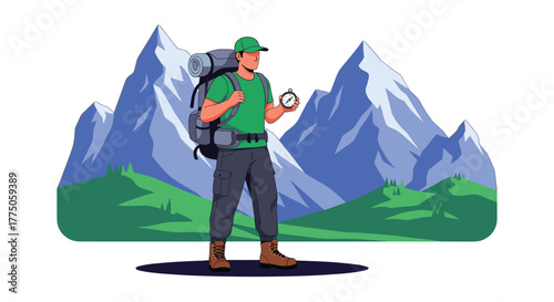 A male hiker in outdoor gear stands amidst majestic mountains and green hills, navigating with a compass on an adventurous journey.