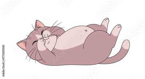 An adorable cartoon cat with a soft lavender-grey coat and pink accents lies on its back, playfully covering its face.