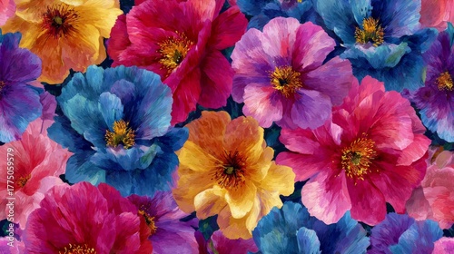 A vibrant, close-up view of densely packed flowers in rich, saturated hues, creating a lush, painterly aesthetic