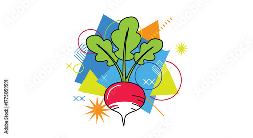 A colorful and stylized illustration of a fresh radish with green leaves, set against a vibrant abstract geometric background featuring various shapes and patterns.
