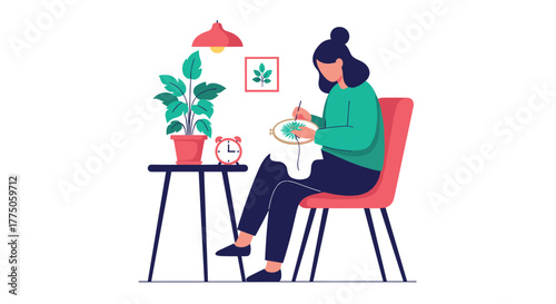 A woman is engrossed in her needlework, practicing the art of embroidery at a table with a plant, clock, and framed art.