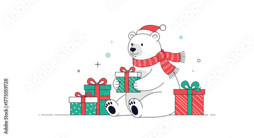 Cute polar bear wearing a Santa hat and scarf, sitting among festive gift boxes, holding one in its paws, ready for Christmas celebration.