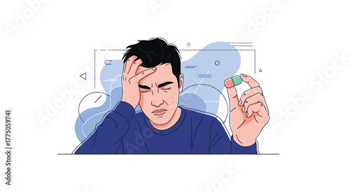 A man suffering from a headache or stress holds his head in his hand while considering taking a pill for relief.