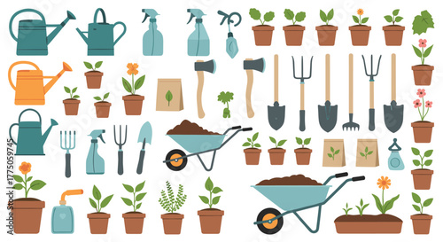 A comprehensive collection of gardening tools, plants, and equipment, perfect for depicting horticulture and outdoor activities.
