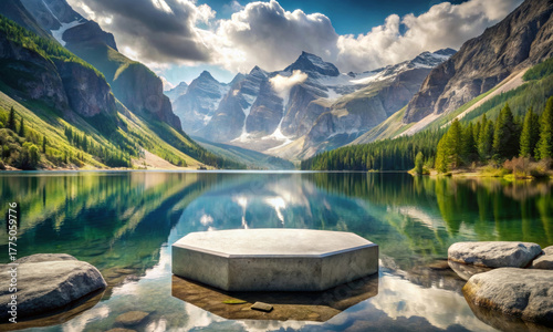 The water surface of the lake and the stone podium in the mountains