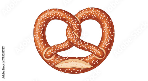 A delicious, golden-brown baked pretzel generously sprinkled with coarse salt, showcasing its iconic looped shape against a clean white background.