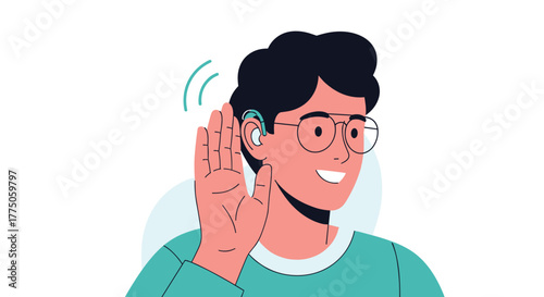 A smiling person with glasses and a hearing aid cups their hand to their ear, actively listening to sound waves.