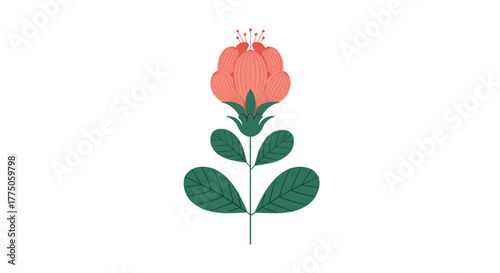 A stylized botanical illustration of a single folk art flower with coral petals and dark green leaves on a white background.