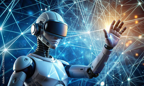 A robot wearing a VR headset controls virtual reality