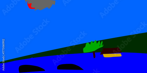 Minimalist lakeside landscape with house, green hill and tree under blue sky, calm water reflection, simple nature scene, abstract flat color vector illustration