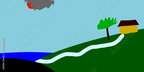 Scenic countryside landscape with house on hill, winding road leading to blue lake, bright sky with cloud and tree, minimalist nature illustration, simple flat color artwork, peaceful rural environmen