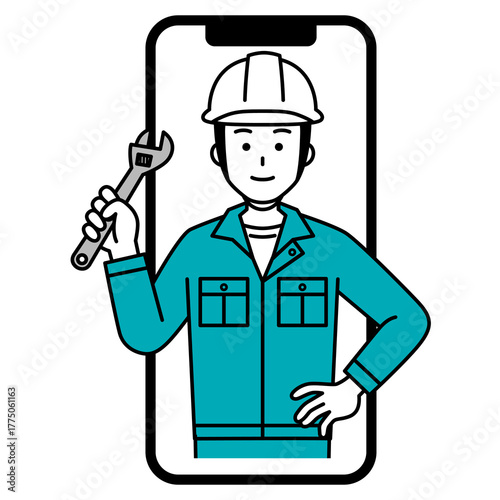 スマホでオンライン相談を受けるヘルメットの作業員の男性