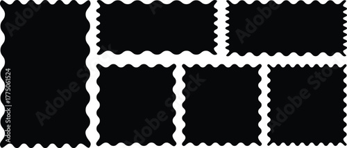 postage stamps set. Black post stamp frames and borders. Rectangle, square template for mail, postcard, letter, note. Vector zigzag objects for badge, sticker, photo, frame. Vector illustration set