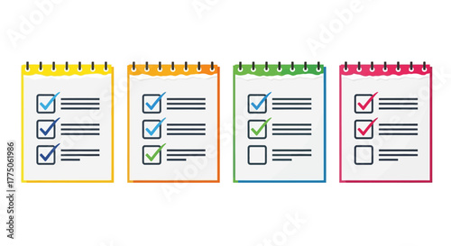 Four colorful notepads displaying checklists with varying levels of completion