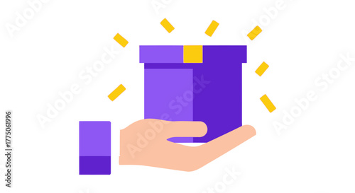 A purple gift box being held by a human hand with confetti