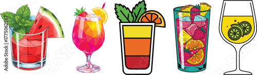 Summer Cocktail and Drink Set: Variety of Tropical Fruit Mixed Beverages Illustrations