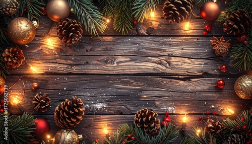 Festive Christmas garland with pine cones fir branches ornaments and warm bokeh lights on rustic wooden background