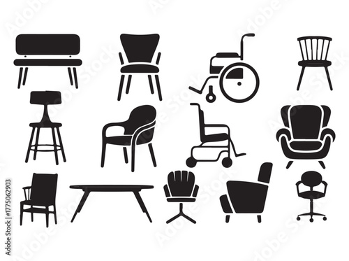 Chair Silhouette Vector Set — Modern Furniture Icons, Armchairs, Wheelchair, and Seating Designs.