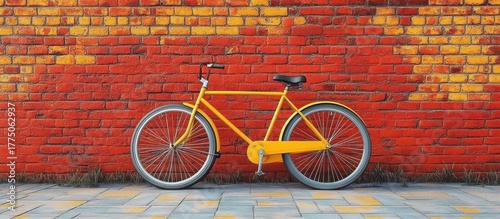 Fototapeta Naklejka Na Ścianę i Meble -  yellow bicycle parked against a vibrant red and orange brick wall on a tiled pavement with small grass patches at the base of the wall