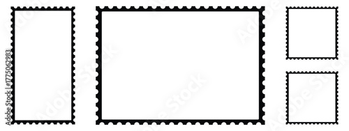 Postage stamp outline, vector icon. Empty stamps set. Postal shapes outline border. Blank frames for mail letter. Jagged wavy edge forms. Vintage objects for poster, banner, badge, sticker.