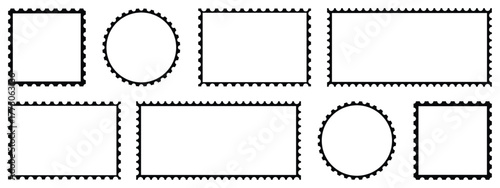 Set of black rectangle and square postage stamp vector icons. Postage stamp set. Mockup postage stamps. Black postage stamp borders templates.