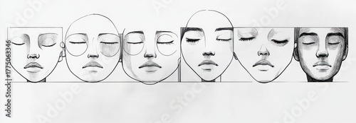 Black and white line drawing showing seven different human faces with closed eyes, varying shapes and shading, exhibiting calm and contemplative emotion