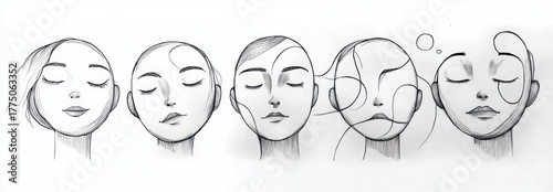 Five pencil sketches of female faces with closed eyes and calm expressions, featuring minimalistic lines and abstract patterns on heads