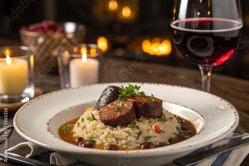 A plate of tacho stew with rice and sausage