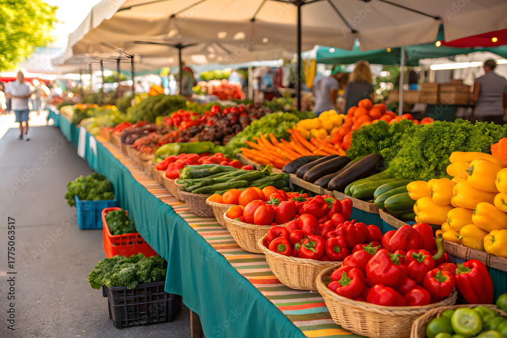 Fototapeta premium Bustling farmer’s market with summer produce