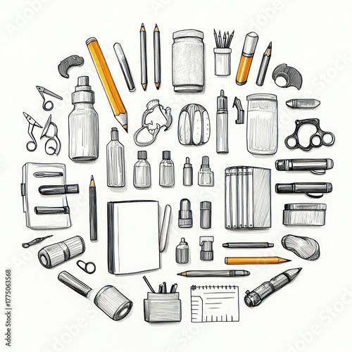 Top-down view of various monochrome and orange art supplies including pencils, pens, bottles, scissors, sharpeners, notebooks, and brushes neatly arranged on white background